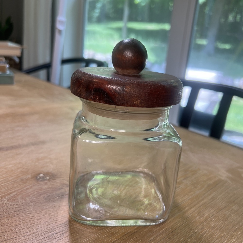 Vintage Anchor‎ Hocking Square Glass Canister Jar Wood Lid Top Ball